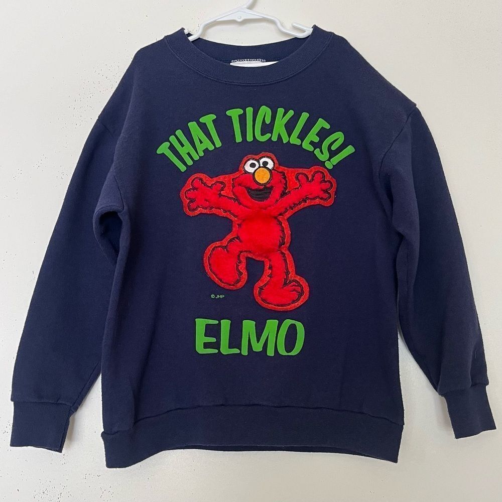 Vintage 90s Elmo That Tickles Sweatshirt Kids Medium 10/12 Blue Crew Made in USA